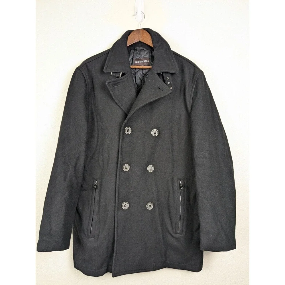 Michael Kors Men's Black Insulated Notch Lapel Double Breasted Size L Coat - Picture 1 of 12